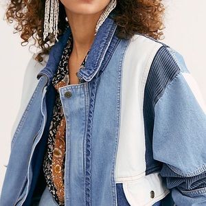 Free People Patchwork Denim Bomber Jacket